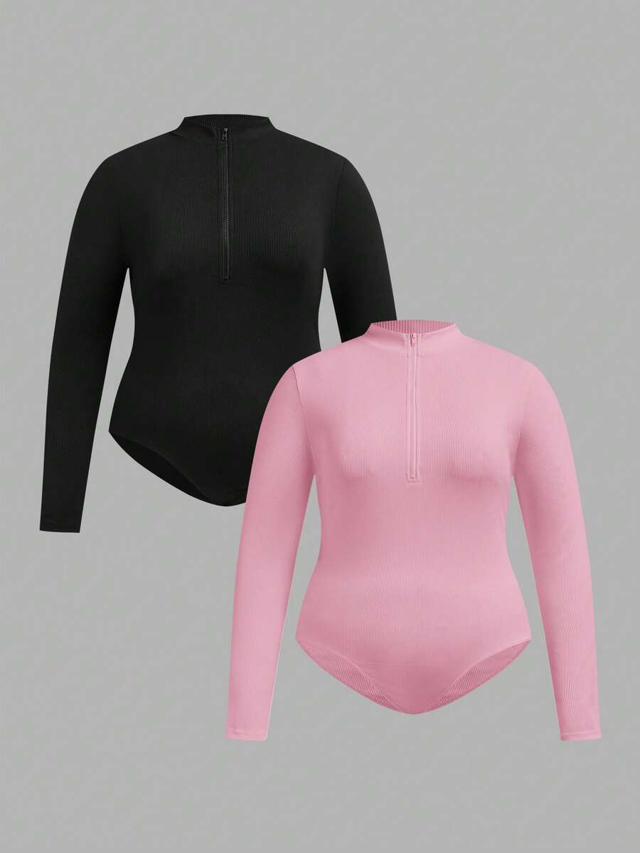 SHEIN Tall CURVE 大码女式两件套黑白半拉链高领修身休闲长袖连体衣 - 粉色 - 查看 1