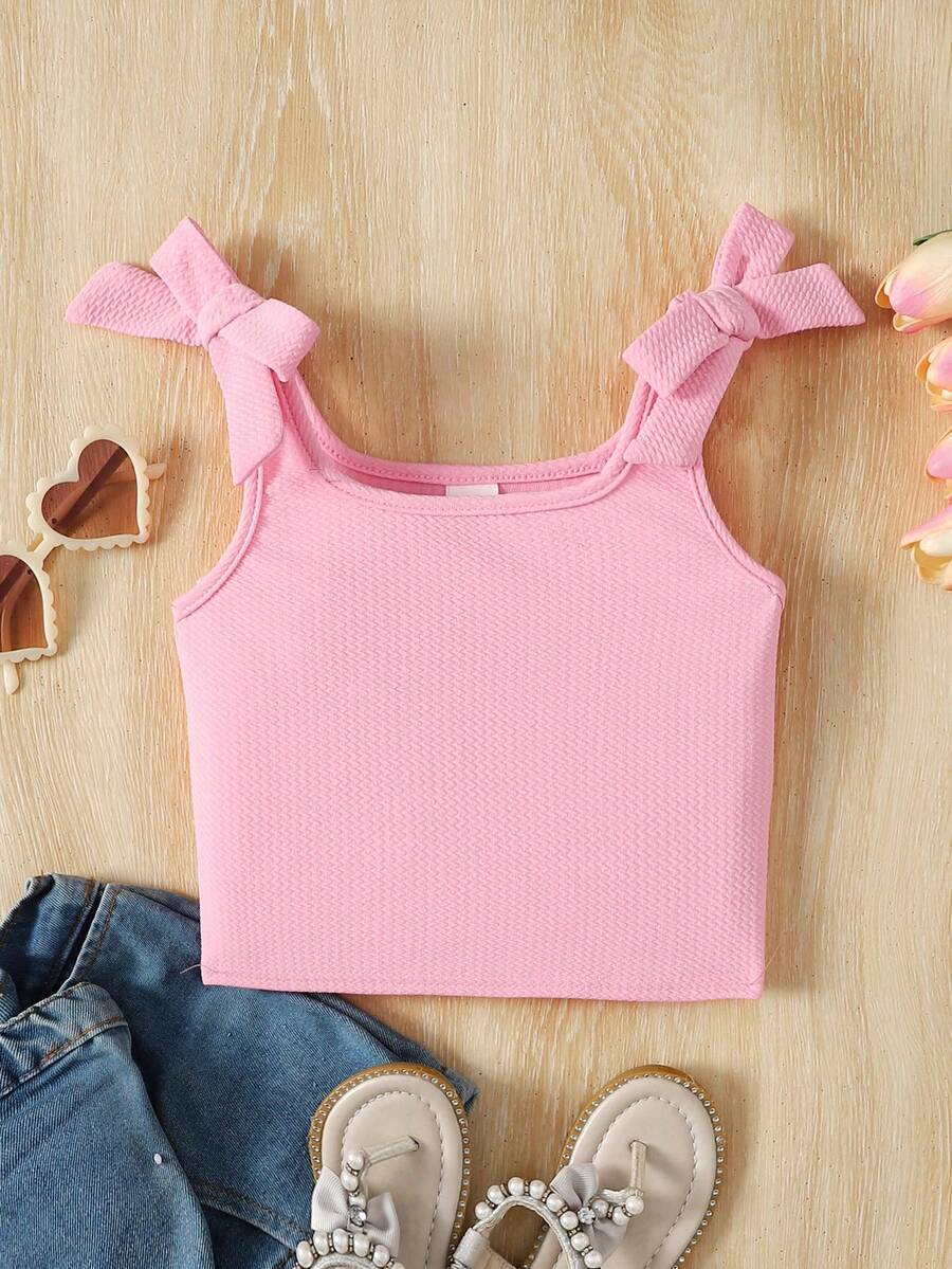 SHEIN Sweet Cute Square Neck Bow Knit Jacquard Vest For Young Girls, Summer - Pink - View 1