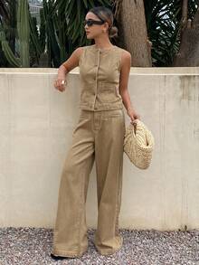 DAZY 女士休闲牛仔套装 - 圆领短袖上衣和裤子 - 卡其色 - 查看 3