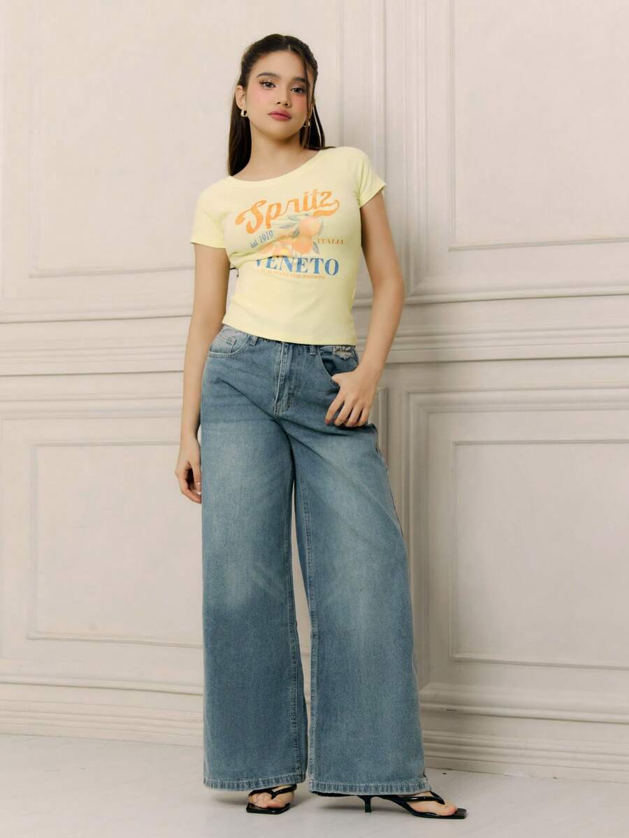 Criza Taa Women's Summer Slim Fit Asymmetrical Shoulder T-Shirt, Cocktail Orange Italian Beach VENETO Basic Off Shoulder Top Tee - Yellow - View 1