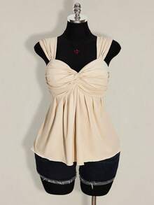 SHEIN ICON 大码女式黑色扭结前襟无袖娃娃衫针织上衣，Y2K风格，适合毕业典礼、返校季、夏季穿着 - 杏色 - 查看 3