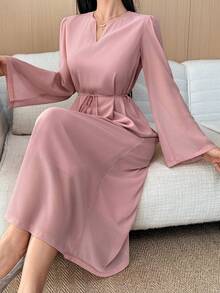 DAZY Women's Elegant Solid Color Flare Sleeve Belted Headscarf 2 Pieces Set, Spring/Summer - Pink - View 4
