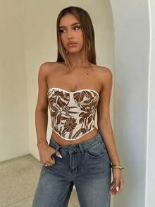 Aloruh 女士花卉提花不对称下摆塑形抹胸上衣，适合度假穿着 - 棕色 - 查看 11