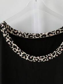 Linhara Plus Size Summer Casual Leopard Print Ruffle Trim T-Shirt Leopard Print Top Black Leopard Print Top - Black - View 5