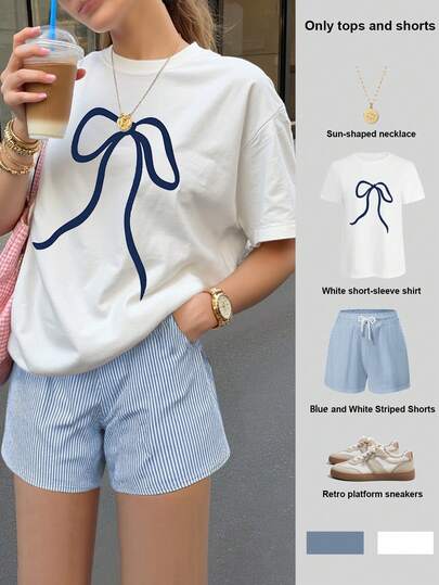 Almamuse Plus Size Women's 2-Piece Set, Striped Shorts, White Women's T-Shirt, Blue Simple Bow Pattern