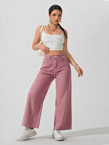 Flirla Women's Casual Everyday Commute Fashion Loose Wide-Leg Jeans - Red - View 3