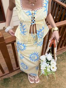 Livesso Women's Pale Yellow Summer Boho Beach Holiday Set,Floral Geometric Lace Patchwork Tie-Up Sleeveless Vest Cardigan Top And Straight Skirt Two Pieces - Yellow - View 5