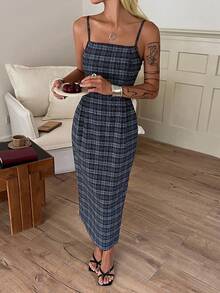 DAZY Damen kariertes figurbetontes elegantes Maxikleid Sommerkleid für Frauen - Blau - Übersicht 4
