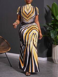 Veslaya Women's Plus Size Yellow Curve Elegant Cocktail Summer Striped Mock Neck Short Sleeve Jumpsuit And Pleated Maxi Skirt Set,Music Festival Party Outfit - Multicolor - View 6