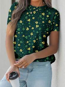 SHEIN LUNE Áo thun nữ cổ tròn dáng rộng màu xanh lá cây tối giản, họa tiết cỏ bốn lá may mắn, thích hợp mặc ngày lễ Thánh Patrick, dành cho nữ. - Nhiều màu - Xem 5