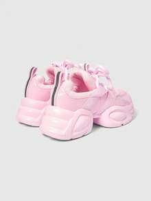ROMWE Kawaii Giày thể thao đế dày lưới trơn màu thu/đông cho nữ, giày chạy bộ thoáng khí buộc dây, giày thể thao đế dày đế thô - Hồng - Xem 6