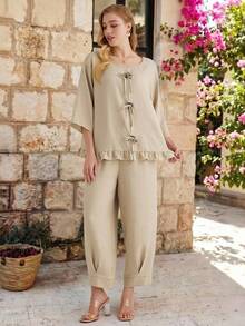 Parysyn 大号编织休闲度假秋季两件套 - 杏色 - 查看 2