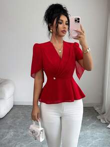 Rafferiza Áo kiểu dáng thanh lịch cổ chữ V, tay phồng, chất liệu chiffon đỏ, ôm sát eo, thiết kế độc đáo, phong cách vintage dành cho nữ. - Đỏ - Xem 6