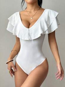 Almamuse Petite Fashionable & Elegant Ruffle Waist Slim Bodysuit - White - View 4