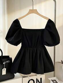 Franclia Women's Elegant Square Collar Rhinestone Waist Shirt - Black - View 2