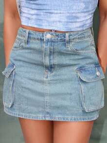 Steph T Falda de carga de mezclilla con bolsillo con solapa en el lateral, estilo Y2K - Azul - Ver 5