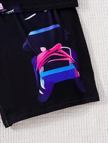 SHEIN GraphicGems 青少年男孩夏季新款休闲动漫印花短袖T恤短裤睡衣套装，街头风卡通人物宽松T恤+短裤两件套，青少年时尚家居服 - 黑色 - 查看 6