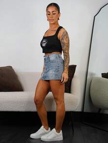 SAYEHFBABY Casual Minimalist Gold Tooth, Mouth, Lip Print Women Square Neck Top, Suitable For Summer,Tank Top,Black Top Spring - Black - View 5