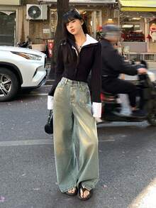 DAZY 女士高腰口袋阔腿宽松休闲牛仔裤 - 藍色 - 查看 5