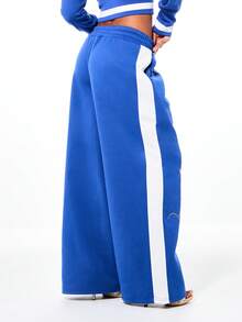BABYPHAT Wide Leg Joggers With Side Panel Stripe Detail And Logo Script Print Drawstring Waistband Elastic Ankle Comfort Sweatpants - Blue - View 2