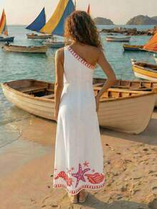 CAJUNI Asymmetric-Shoulder Sleeveless Fashionable Summer Wrap Dress With Ocean Elements Print. - Beige - View 2