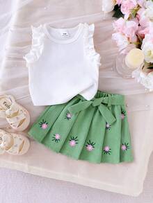 2pcs Baby Girls' Knit Ruffle Trim Top And Embroidered Waist Belt Skirt Set, Casual Summer Outfit - White - View 8