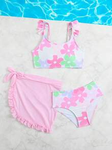 SHEIN Tween Girls' 3 Pieces Bikini Set With Sarong Skirt,Pink Flower Printed Cute Summer Swimwear,Beach Holiday Quick Drying Mesh Ruffle Edge Bathing Suit - Baby Pink - View 4