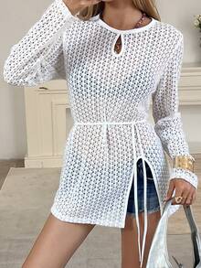 DAZY 女士圆领长袖蕾丝面料开衩设计腰带优雅度假风针织上衣 - 米色 - 查看 4