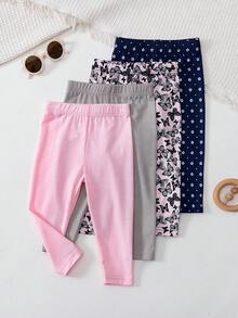 SHEIN Playful Pals 4条婴儿/女婴休闲碎花印花及纯色打底裤，适合所有季节 - 彩色 - 查看 4