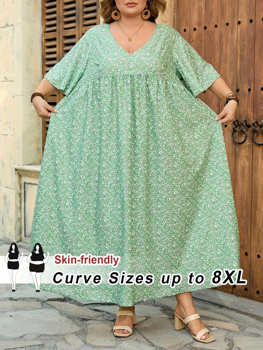 SHEIN CURVE+ Curve 尺码 US22 音乐节、海滨度假、波西米亚风女士度假宽松碎花V领短袖娃娃衫教师连衣裙,阿拉伯连衣裙,阿拉伯服装 波西米亚风度假夏季/乡村/海滩度假套装/海滩套装/沙滩装 - 橄欖綠 - 查看 1