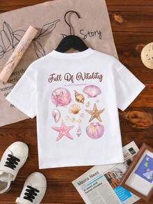 تي شيرت بأكمام قصيرة وياقة دائرية مطبوع عليه رسومات مزدوجة من الأصداف البحرية والحروف، بأسلوب عصري مريح مناسب للخروجات والعطلات، ملابس صيفية - أبيض - مشاهدة 2