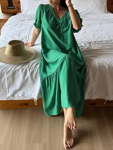 DAZY 女士宽松长裙，绿色度假风，夏季家居服 - 綠色 - 查看 6