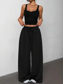 SHEIN PETITE 女士夏季演唱会服装街头风Y2K休闲日常运动装辣妹风V领束身衣弹力背心和宽松低腰裤两件套 - 黑色 - 查看 3