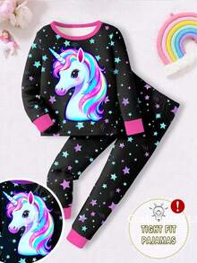 一套女婴睡衣，夜光独角兽和星星印花针织圆领上衣搭配全星印花紧身裤，可爱睡衣 - 黑色 - 查看 3