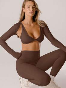 Aralina Leisurewear Crop Active Shrug With Thumb Detail And Bag - Brown - View 8