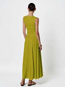 Aveloria Modichic White Minimalist Sophisticated Pleated Crew Neck Sleeveless Dress - Green - View 5