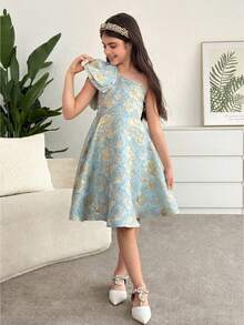 SHEIN Vestido de rodilla asimétrico con hombros y cintura ajustada, decorado con lazo, de tela brocada floral elegante, para niña preadolescente, apropiado para fiesta, regreso a clases, estilo femenino, estilo princesa, boda, cumpleaños - Azul - Ver 5