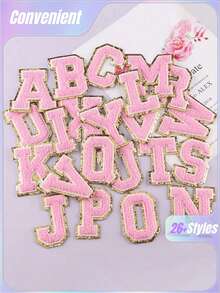1pc, Pink A-Z 26 Patches With Letters, Ironing On Letters Patch, Clothing Jacket Bag Ornaments Accessories, Alphabet Badges Stickers - Pink - View 2