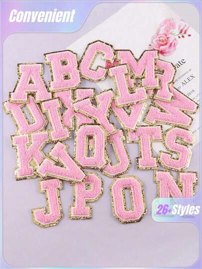 1pc, Pink A-Z 26 Patches With Letters, Ironing On Letters Patch, Clothing Jacket Bag Ornaments Accessories, Alphabet Badges Stickers