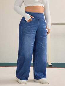 Flexra Plus Size Women Knitted Denim Casual Wide Leg Pants - Medium Wash - View 6