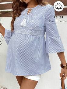 SHEIN 孕妇度假休闲条纹刺绣喇叭袖衬衫 - 藍色 - 查看 1