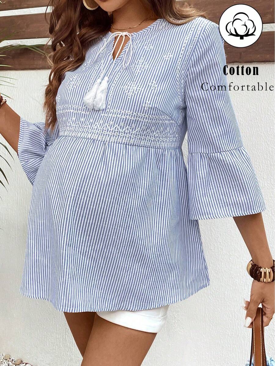SHEIN 孕妇度假休闲条纹刺绣喇叭袖衬衫 - 藍色 - 查看 1