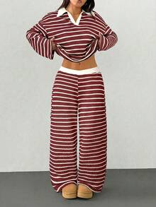 SHEIN PETITE 女款 2 件套 寬鬆條紋 V 領落肩長袖 T 恤與彈性腰長褲，酒紅色，秋季休閒居家開學毛衣套裝，適合嬌小女性 - 紅色 - 查看 4