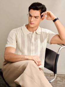 RONVEXI 男士夏季休闲度假日常通勤纯色镂空针织Polo衫，短袖针织领，舒适透气轻盈，适合休闲穿着，也适合度假和情人节穿着。男士钩针衬衫，男士度假装，男女通用衬衫，情侣装，奶油色针织Polo衫，男士纽扣针织Polo衫，男士钩针针织衬衫，男士纹理Polo衫 - 彩色 - 查看 6