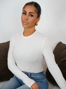 SAYEHFBABY Solid Color Round Neck Drop Shoulder Long Sleeve Fitted Casual Ribbed Knit Bodysuit - White - View 1