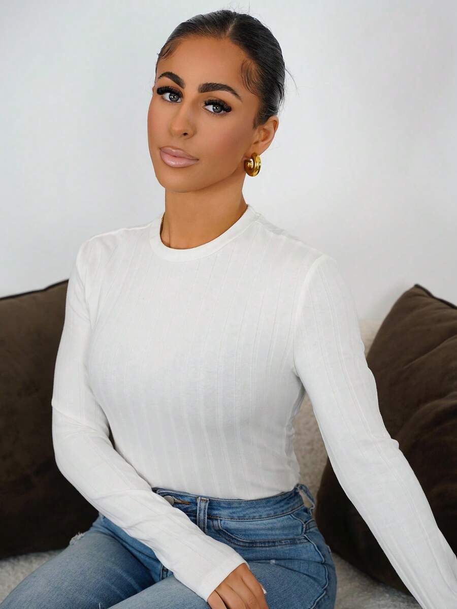 SAYEHFBABY Solid Color Round Neck Drop Shoulder Long Sleeve Fitted Casual Ribbed Knit Bodysuit - White - View 1
