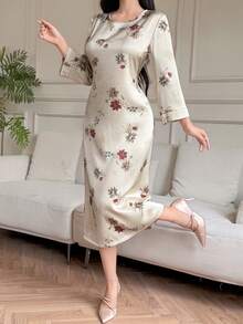 Vivie Lora 女士宽松圆领腰带印花中长连衣裙 - 卡其色 - 查看 1