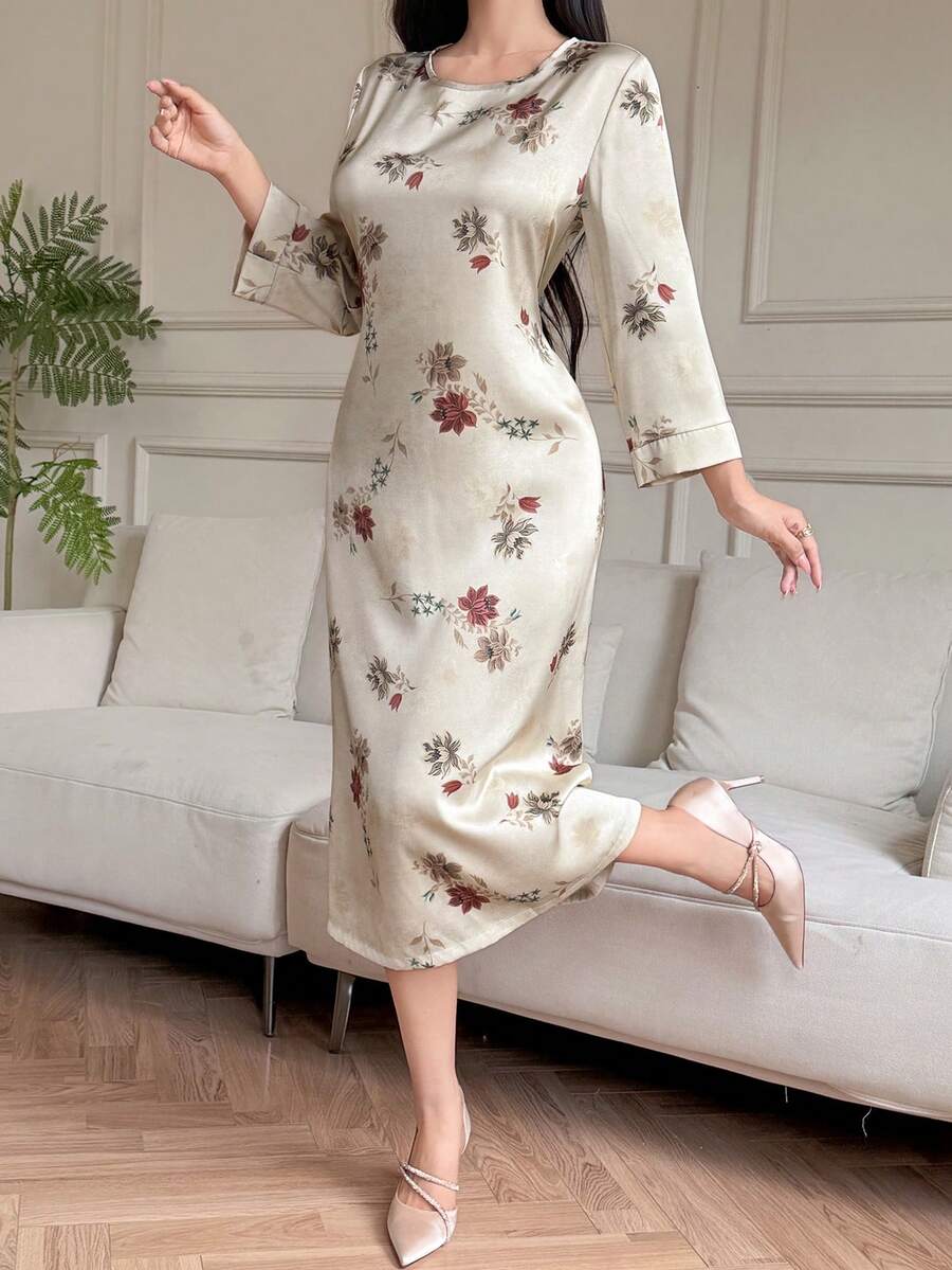 Vivie Lora 女士宽松圆领腰带印花中长连衣裙 - 卡其色 - 查看 1