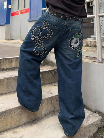 ROMWE MEN Men's Embroidered Pocket Wide Leg Loose Casual Jeans