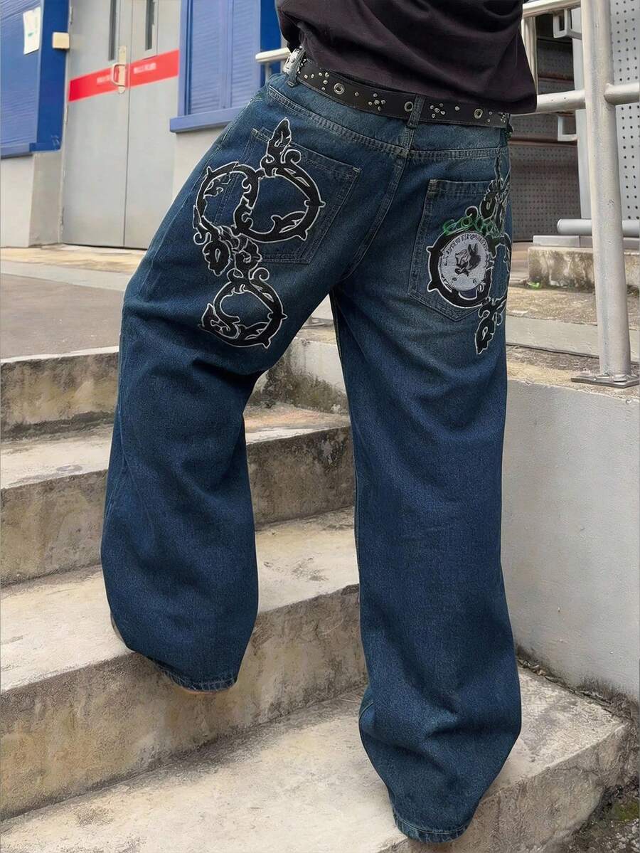 ROMWE MEN Men's Embroidered Pocket Wide Leg Loose Casual Jeans - Blue - View 1